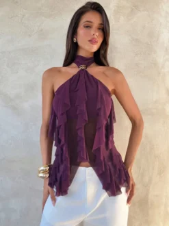 Fuchsia Cami Top Halter Volants Casual Sans Manches Femmes Camis
