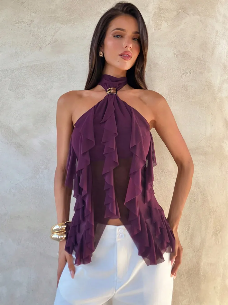 Fuchsia Cami Top Halter Volants Casual Sans Manches Femmes Camis