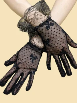 Gants De Mariée Noirs Courts Brillants Résille Femmes