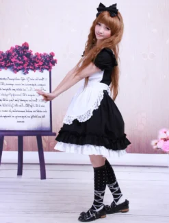 Garniture en dentelle de coton noir doux Maid Lolita monobloc tablier blanc manches courtes Déguisements Halloween