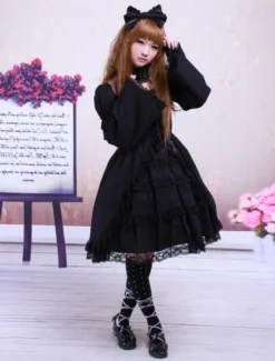 Garniture en dentelle de coton noir Lolita OP robe manches longues Déguisements