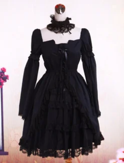 Garniture en dentelle de coton noir Lolita OP robe manches longues Déguisements