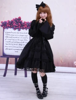 Garniture en dentelle de coton noir Lolita OP robe manches longues Déguisements