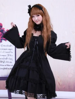 Garniture en dentelle de coton noir Lolita OP robe manches longues Déguisements