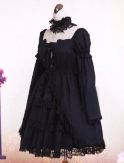 Garniture en dentelle de coton noir Lolita OP robe manches longues Déguisements