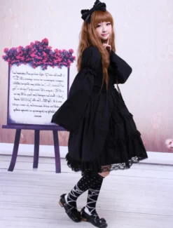 Garniture en dentelle de coton noir Lolita OP robe manches longues Déguisements