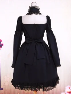 Garniture en dentelle de coton noir Lolita OP robe manches longues Déguisements