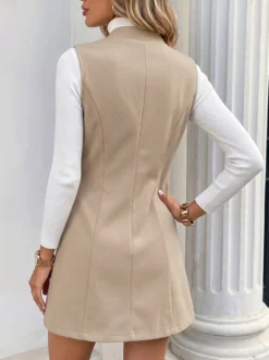 Gilet blazer sans manches pour femme col montant un bouton longueur mi-cuisse