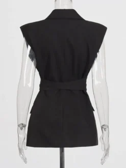 Gilet blazer sans manches à revers croisés pour femme ceinture à la taille tailleur