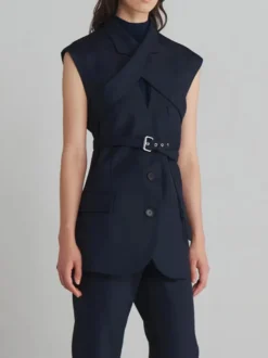 Gilet blazer sans manches à revers croisés pour femme ceinture à la taille tailleur