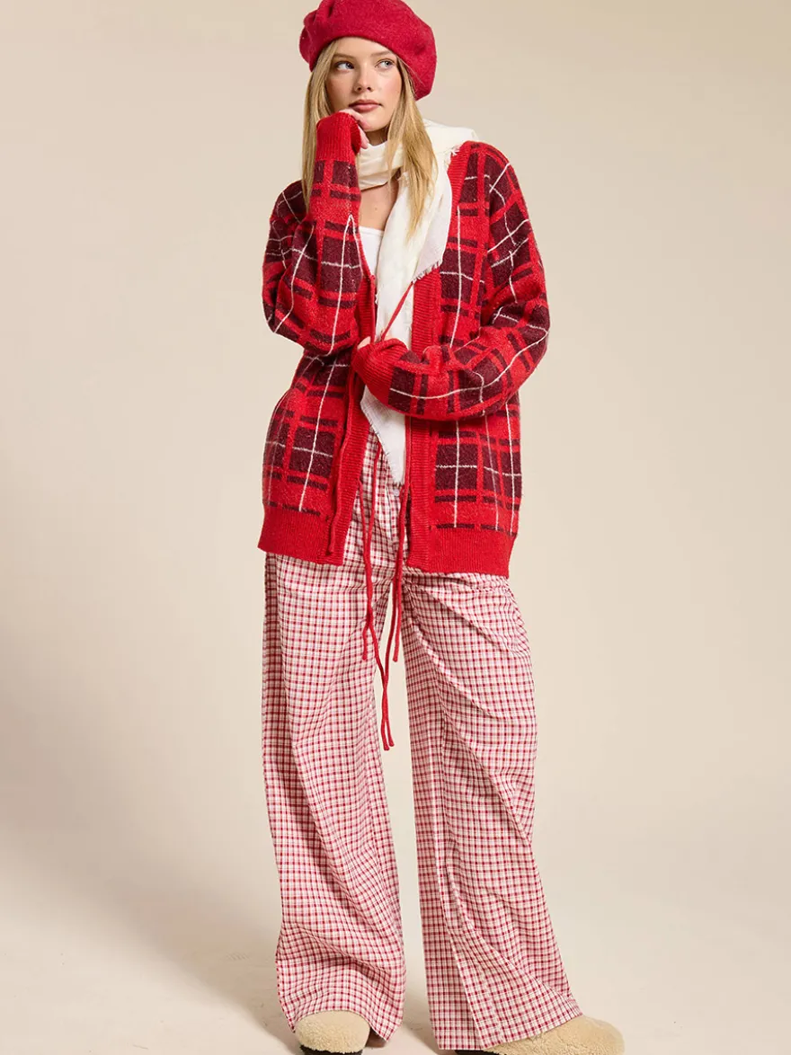 Gilet cardigan à carreaux en maille à col V pour femme manches longues fermeture à nouer sur le devant coupe ample et oversize motif à carreaux