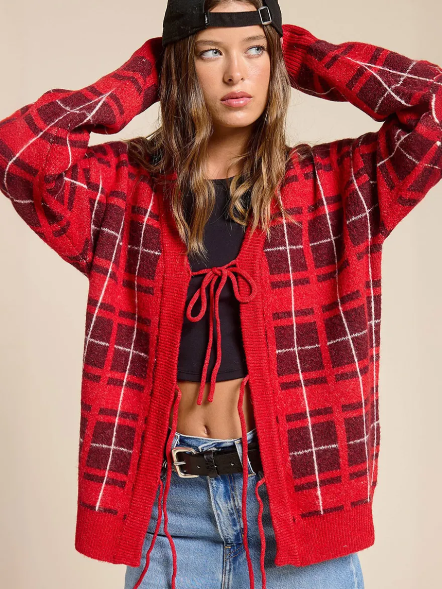 Gilet cardigan à carreaux en maille à col V pour femme manches longues fermeture à nouer sur le devant coupe ample et oversize motif à carreaux