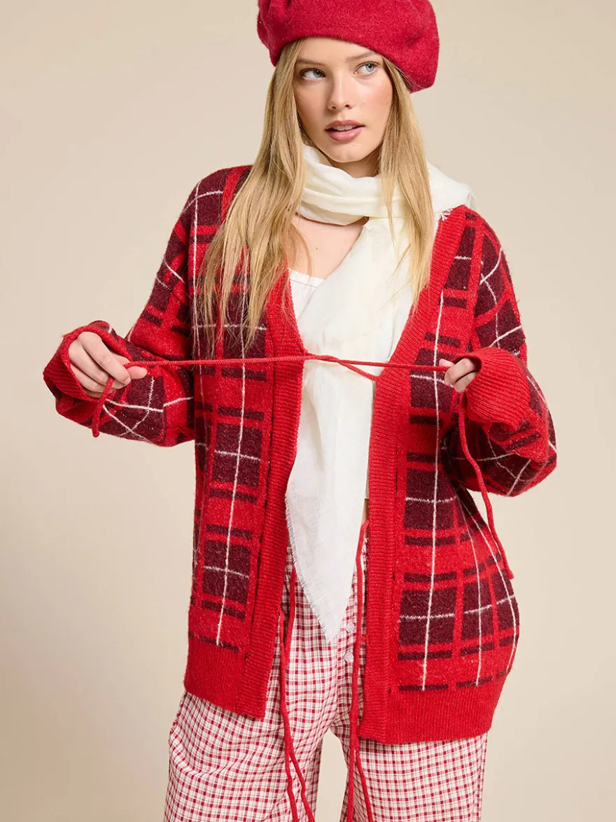 Gilet cardigan à carreaux en maille à col V pour femme manches longues fermeture à nouer sur le devant coupe ample et oversize motif à carreaux