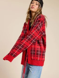 Gilet cardigan à carreaux en maille à col V pour femme manches longues fermeture à nouer sur le devant coupe ample et oversize motif à carreaux
