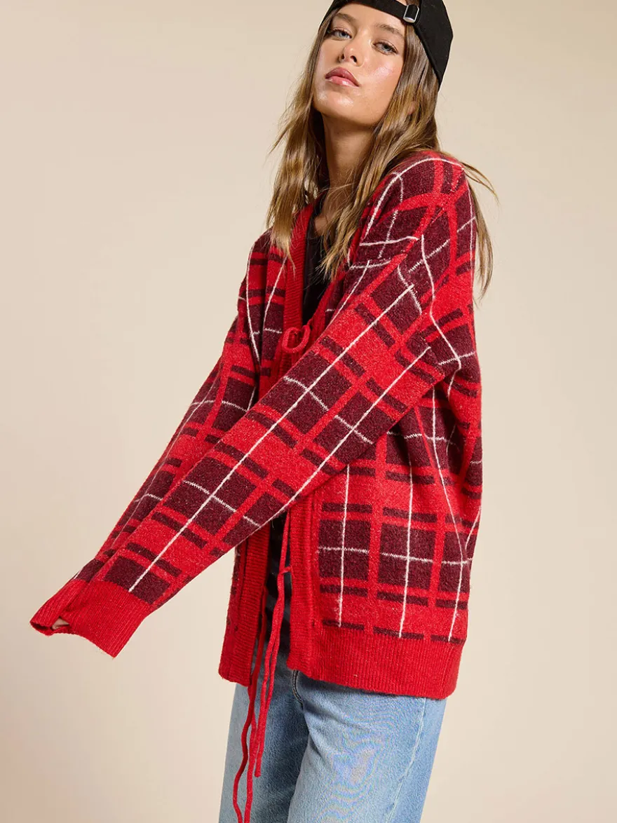 Gilet cardigan à carreaux en maille à col V pour femme manches longues fermeture à nouer sur le devant coupe ample et oversize motif à carreaux