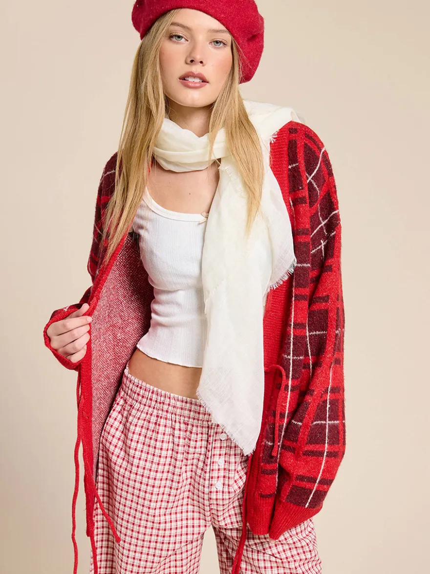 Gilet cardigan à carreaux en maille à col V pour femme manches longues fermeture à nouer sur le devant coupe ample et oversize motif à carreaux