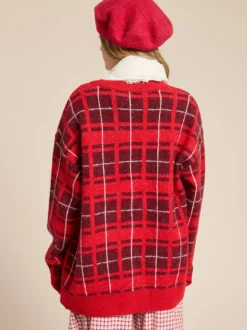 Gilet cardigan à carreaux en maille à col V pour femme manches longues fermeture à nouer sur le devant coupe ample et oversize motif à carreaux