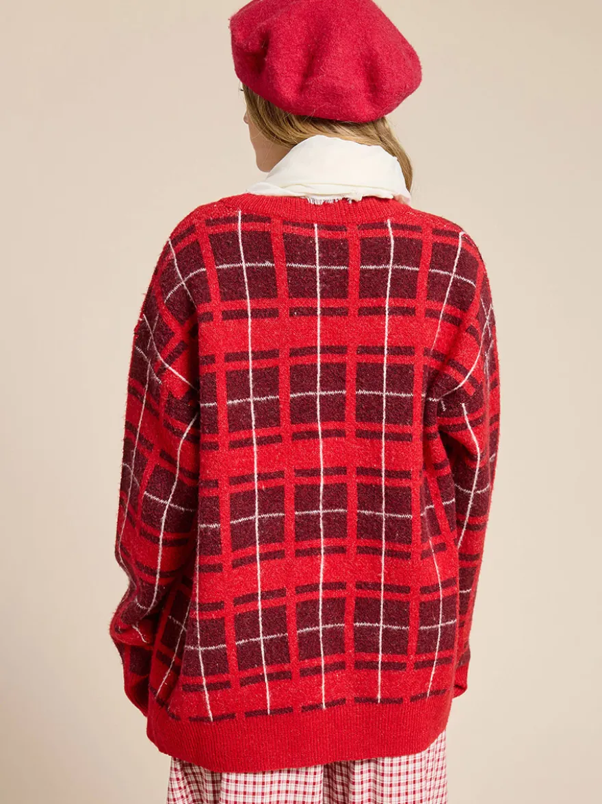 Gilet cardigan à carreaux en maille à col V pour femme manches longues fermeture à nouer sur le devant coupe ample et oversize motif à carreaux