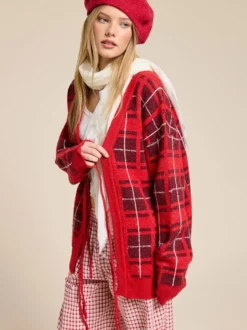 Gilet cardigan à carreaux en maille à col V pour femme manches longues fermeture à nouer sur le devant coupe ample et oversize motif à carreaux