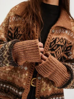 Gilet cardigan court vintage en maille Fair Isle à col flocon de neige manches longues et boutons pour femme