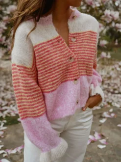 Gilet cardigan rayé color block à col rond et poignets volantés manches lanternes