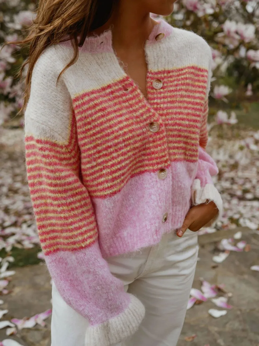 Gilet cardigan rayé color block à col rond et poignets volantés manches lanternes
