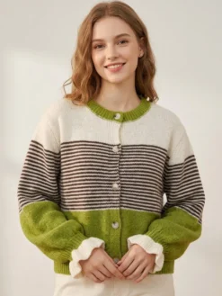 Gilet cardigan rayé color block à col rond et poignets volantés manches lanternes
