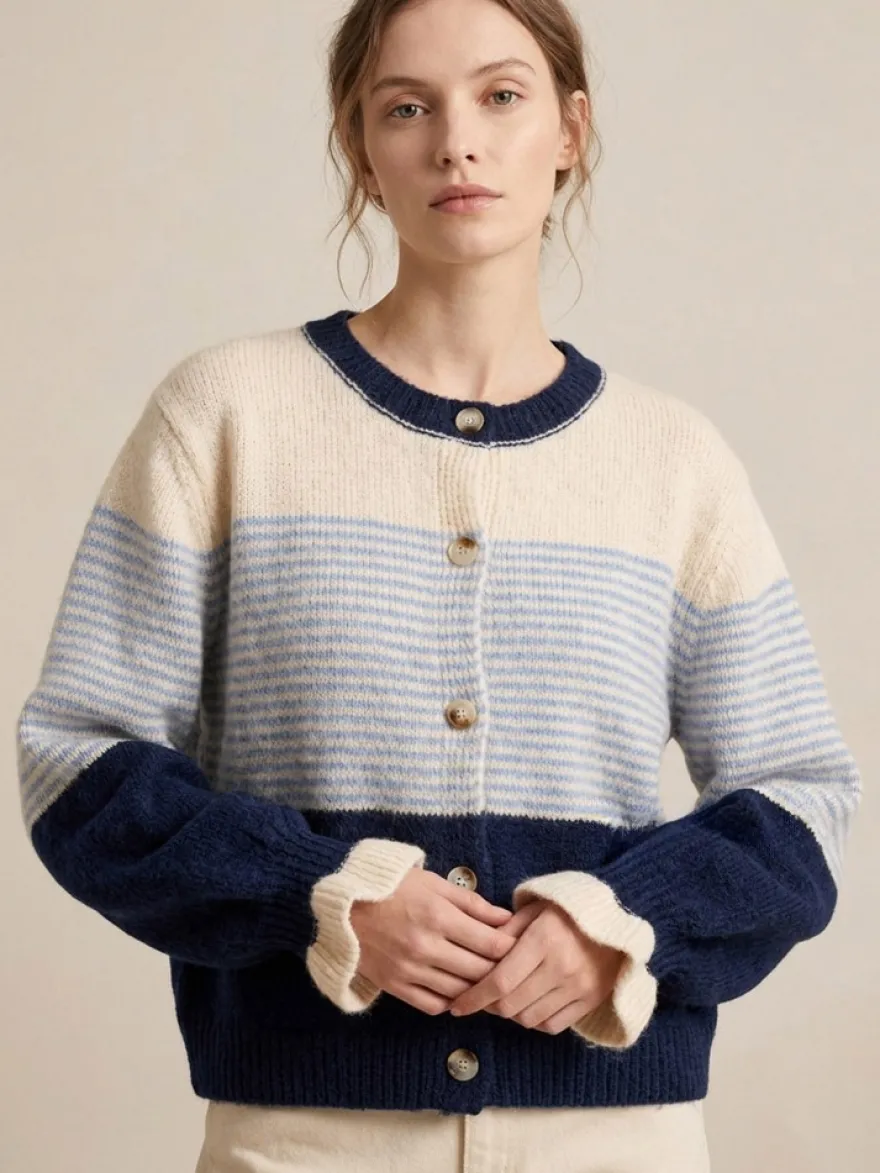 Gilet cardigan rayé color block à col rond et poignets volantés manches lanternes