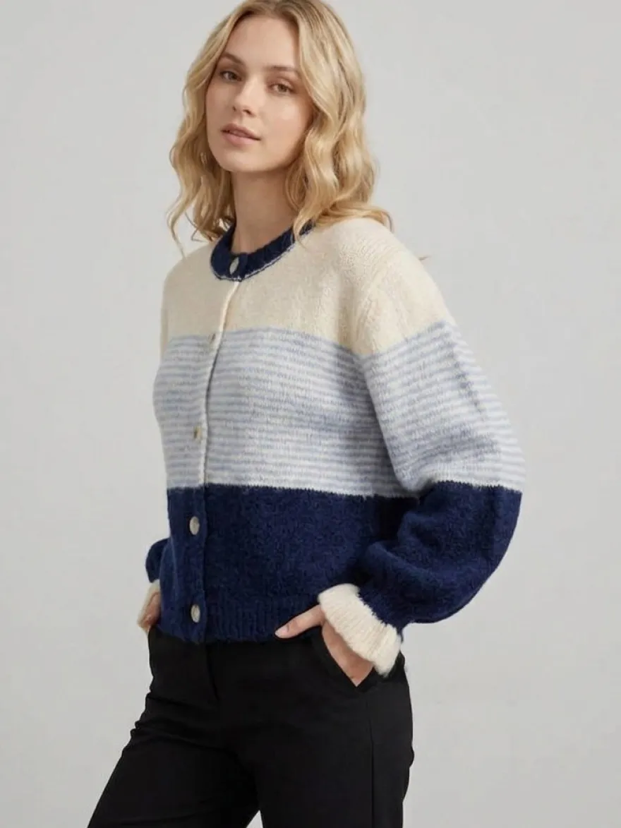 Gilet cardigan rayé color block à col rond et poignets volantés manches lanternes