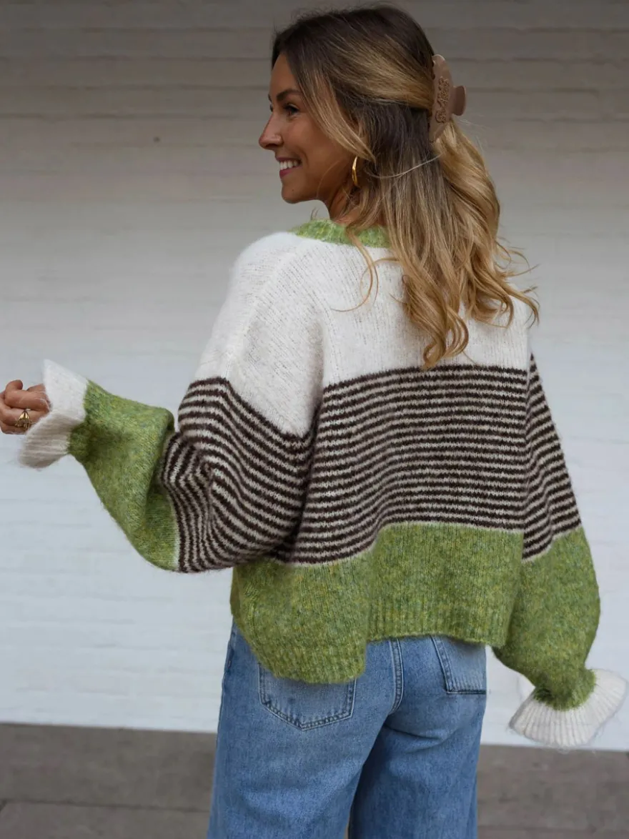 Gilet cardigan rayé color block à col rond et poignets volantés manches lanternes
