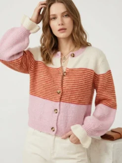 Gilet cardigan rayé color block à col rond et poignets volantés manches lanternes