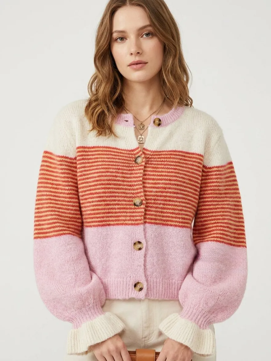 Gilet cardigan rayé color block à col rond et poignets volantés manches lanternes