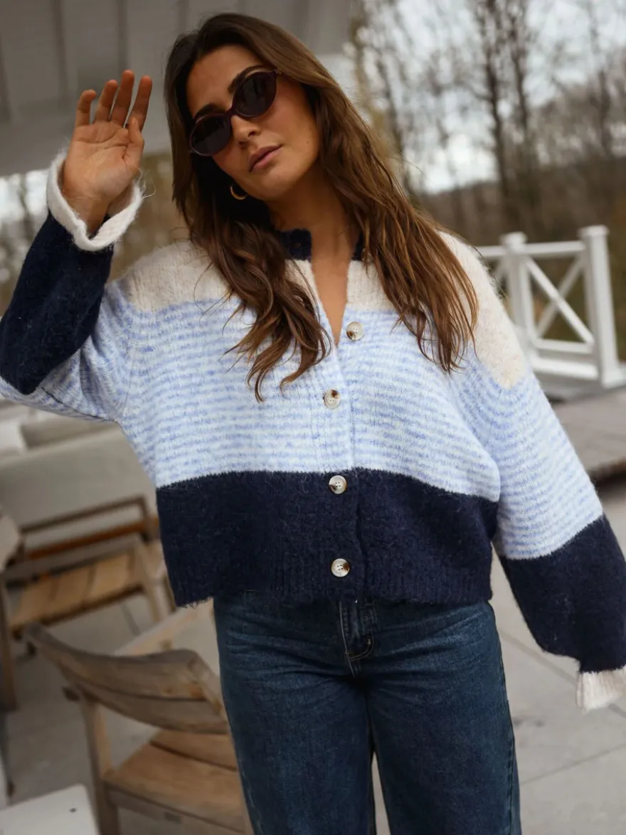 Gilet cardigan rayé color block à col rond et poignets volantés manches lanternes