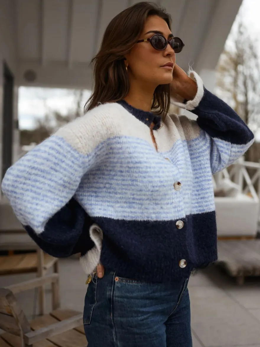 Gilet cardigan rayé color block à col rond et poignets volantés manches lanternes