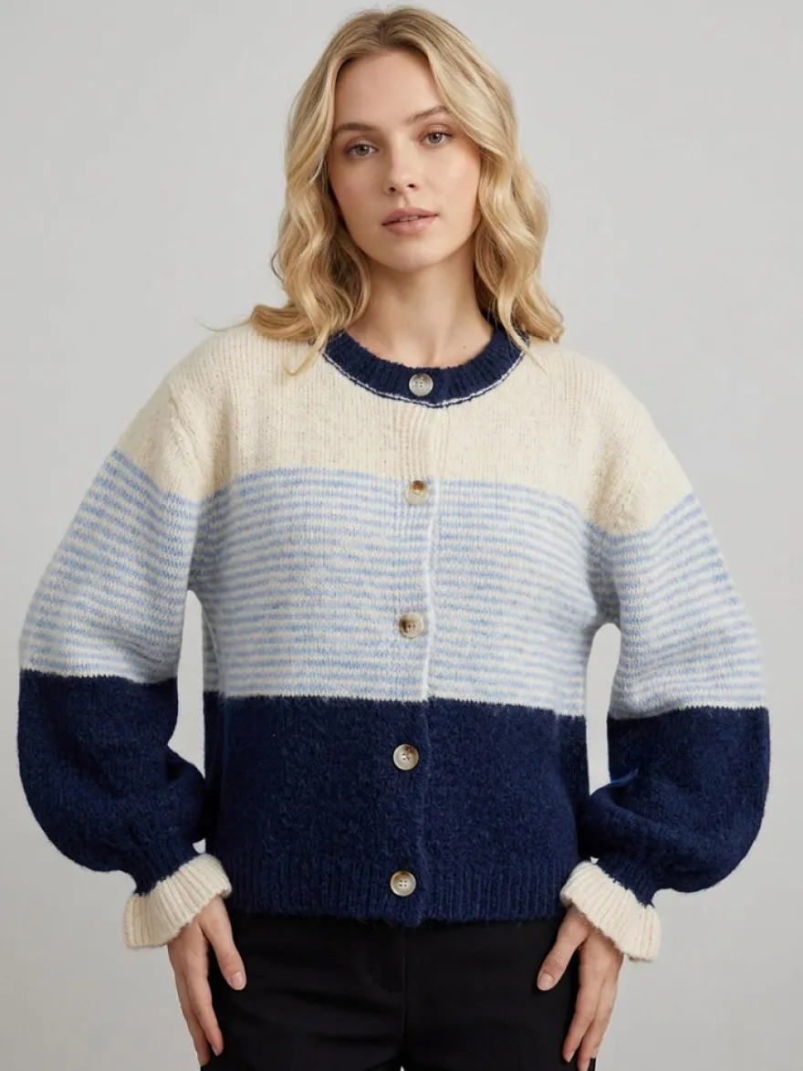 Gilet cardigan rayé color block à col rond et poignets volantés manches lanternes