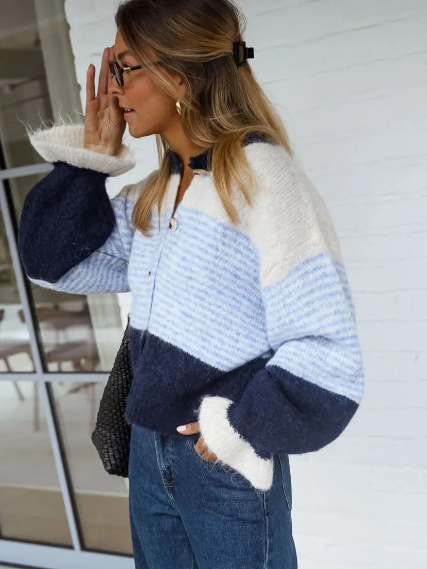 Gilet cardigan rayé color block à col rond et poignets volantés manches lanternes
