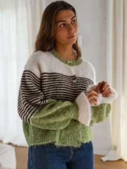 Gilet cardigan rayé color block à col rond et poignets volantés manches lanternes