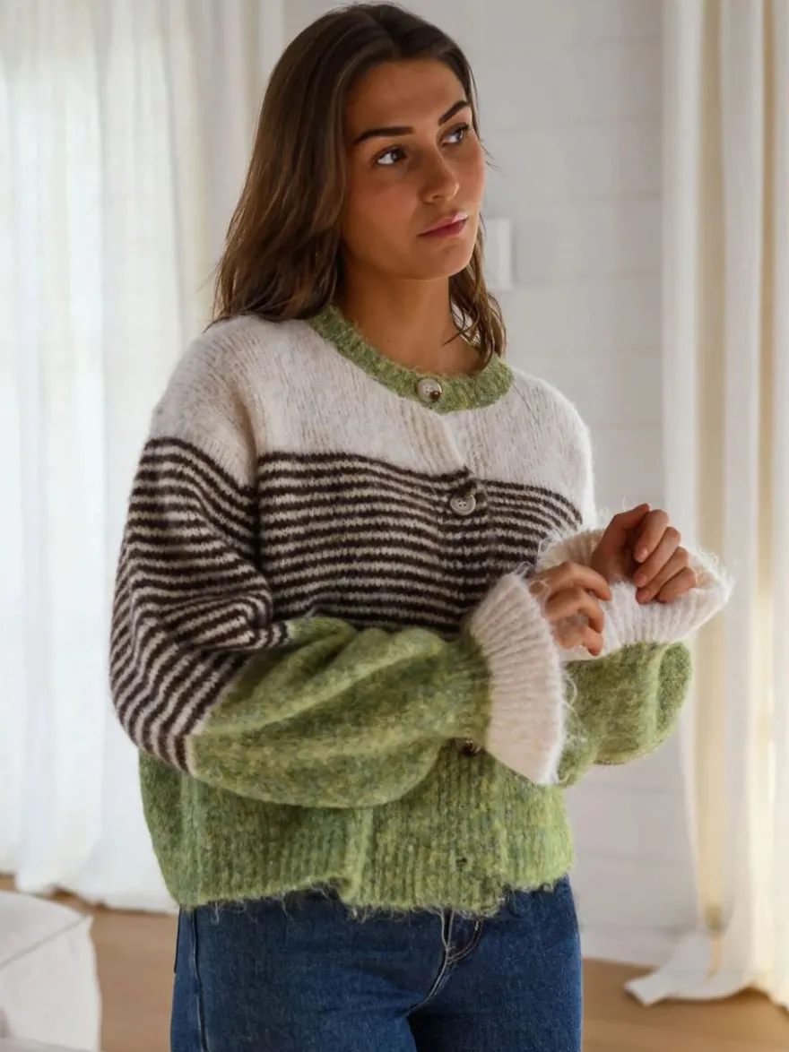 Gilet cardigan rayé color block à col rond et poignets volantés manches lanternes