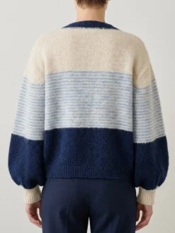 Gilet cardigan rayé color block à col rond et poignets volantés manches lanternes