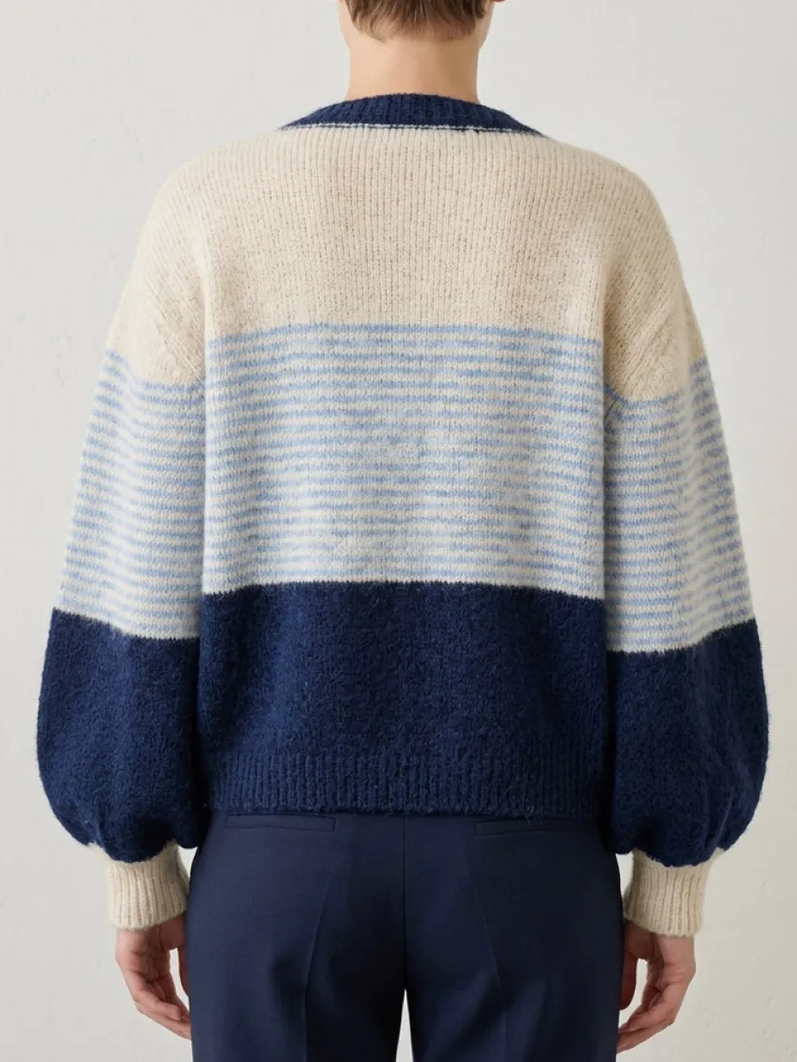 Gilet cardigan rayé color block à col rond et poignets volantés manches lanternes