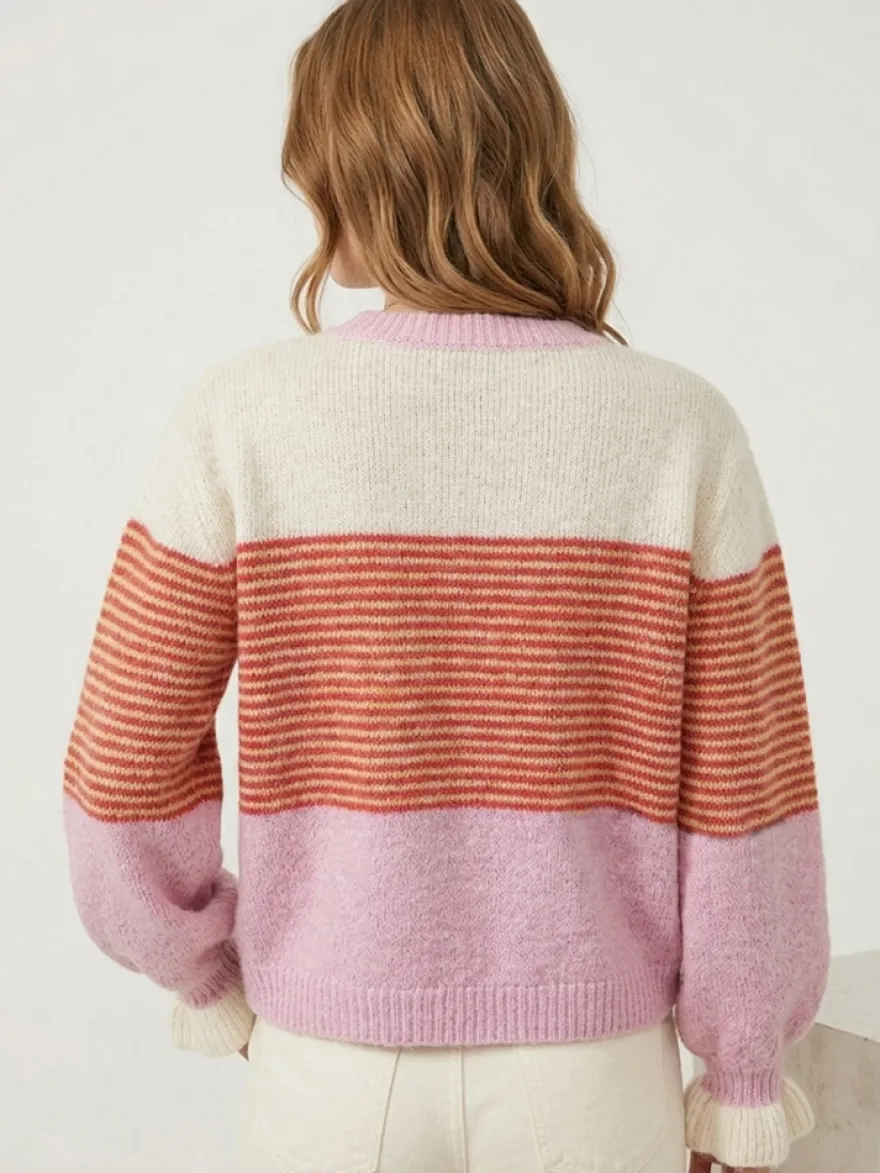 Gilet cardigan rayé color block à col rond et poignets volantés manches lanternes