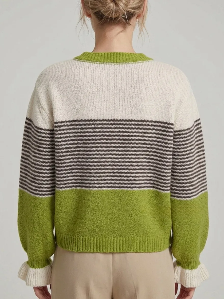 Gilet cardigan rayé color block à col rond et poignets volantés manches lanternes
