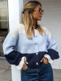 Gilet cardigan rayé color block à col rond et poignets volantés manches lanternes