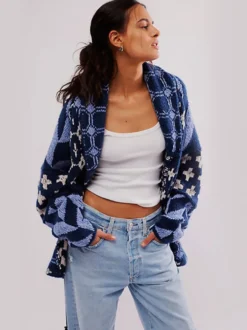 Gilet cardigan vintage en maille à imprimé géométrique col à revers manches longues amples ouvert sur le devant manteau oversize pour femme
