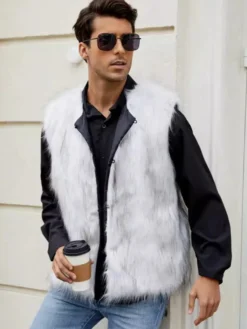 Gilet En Fausse Fourrure Blanc Hiver Chaud Hommes Sans Manches