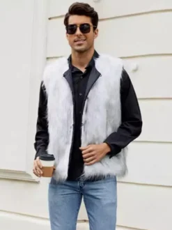 Gilet En Fausse Fourrure Blanc Hiver Chaud Hommes Sans Manches