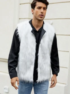 Gilet En Fausse Fourrure Blanc Hiver Chaud Hommes Sans Manches