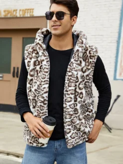 Gilet En Fausse Fourrure Léopard Hiver Chaud Hommes Sans Manches Col Rabattu Capuche