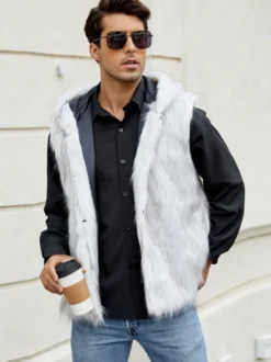 Gilet En Fausse Fourrure Noir Hiver Chaud Hommes Sans Manches Col Rabattu Capuche