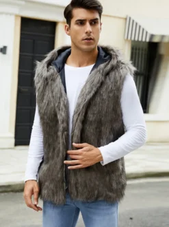 Gilet En Fausse Fourrure Noir Hiver Chaud Hommes Sans Manches Col Rabattu Capuche